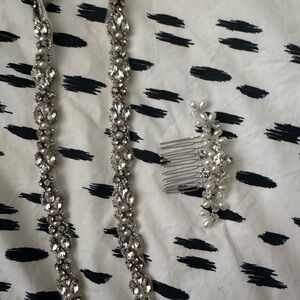 Bridal gem/beaded belt attachment for gown and matching hair piece